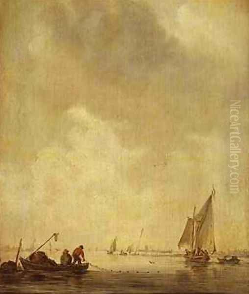 A River Scene with Fishermen Laying a Net Oil Painting by Jan van Goyen