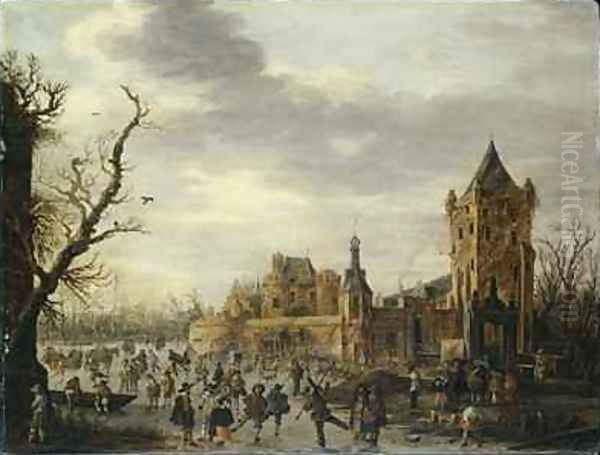 A View of Kasteel Batestein Vianen in Winter with a Gentleman, his Wife and Retinue Watching Winter Sports on the Ice Oil Painting by Jan van Goyen