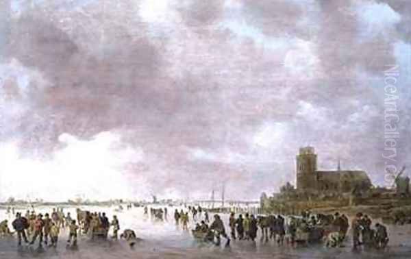 A Winter Landscape with Figures Skating on the Ice Oil Painting by Jan van Goyen