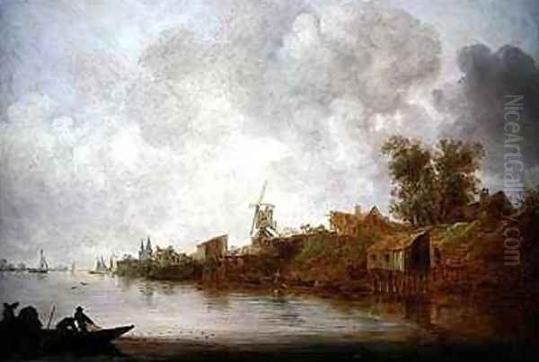 A river landscape with fishermen hauling their nets Oil Painting by Jan van Goyen