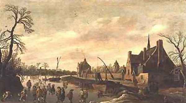 Frozen River Landscape with Skaters Oil Painting by Jan van Goyen