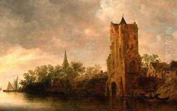 River Landscape with Ferries Docked Before a Tower Oil Painting by Jan van Goyen