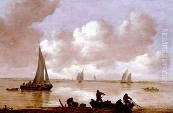 An estuary with fisherman hauling in their nets Oil Painting by Jan van Goyen