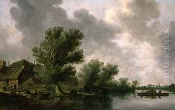 River Landscape with a Ferry Oil Painting by Jan van Goyen