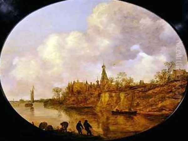 Three Fishermen Hauling a Net and Baskets on the Bank of a River Landscape with a Castle and Village in the Distance Oil Painting by Jan van Goyen