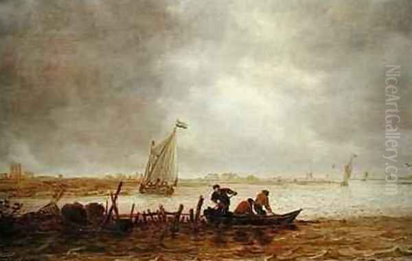 View of an Estuary with a Fishing Boat Oil Painting by Jan van Goyen