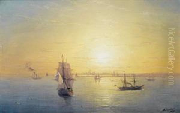 Russian Shipping At Sunset Oil Painting by Ivan Konstantinovich Aivazovsky