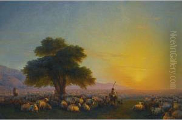 Shepherds With Their Flock At Sunset Oil Painting by Ivan Konstantinovich Aivazovsky