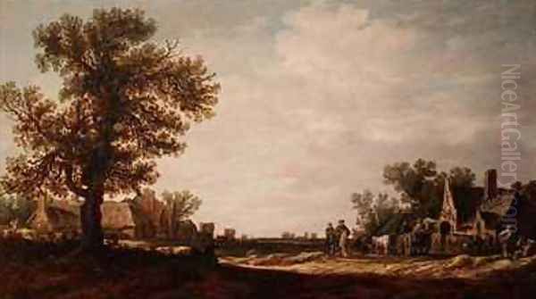 Village Scene with Horses and Carts Oil Painting by Jan van Goyen