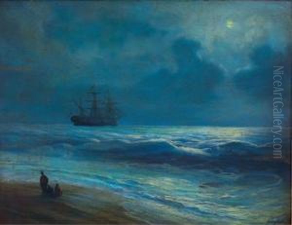 Clipper Ship At Sea In Moonlit Scene With Figures Atshore Oil Painting by Ivan Konstantinovich Aivazovsky