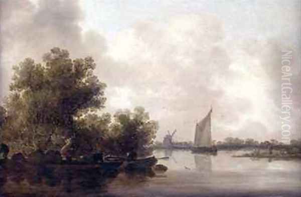 Wooded River Landscape with Fishermen Oil Painting by Jan van Goyen