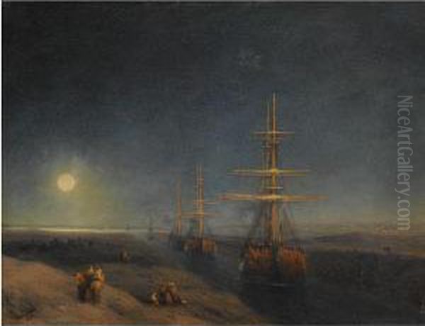 Ships Passing Through A Canal In Moonlight Oil Painting by Ivan Konstantinovich Aivazovsky