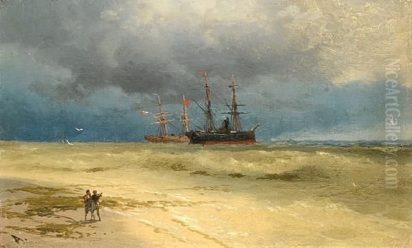 Two Ships Anchored Off A Beach Oil Painting by Ivan Konstantinovich Aivazovsky