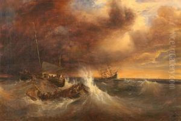 Three Ships In A Stormy Sea Oil Painting by Ivan Konstantinovich Aivazovsky