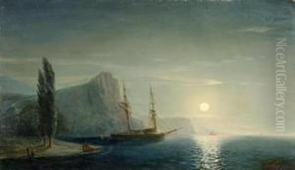 Coastal Landscape With Sailing Ship In The Moonlight Oil Painting by Ivan Konstantinovich Aivazovsky