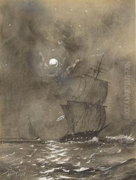 Vessels In Full Sail By Moonlight Oil Painting by Ivan Konstantinovich Aivazovsky