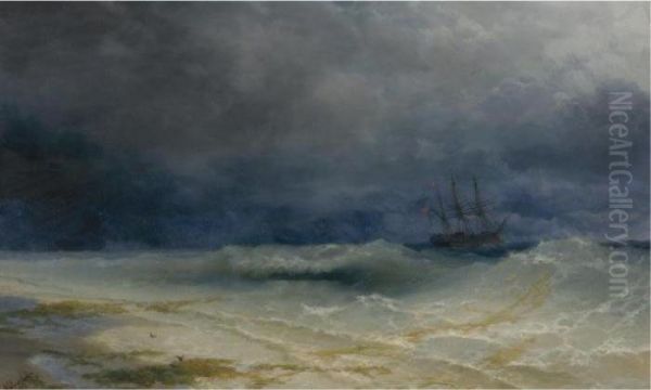 Ship In A Stormy Sea Off The Coast Oil Painting by Ivan Konstantinovich Aivazovsky