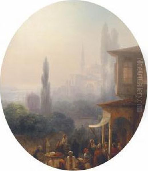 A Market Scene In Constantinople, With The Hagia Sophiabeyond Oil Painting by Ivan Konstantinovich Aivazovsky