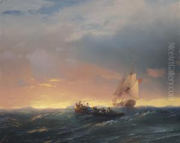 Vessels In A Swell At Sunset Oil Painting by Ivan Konstantinovich Aivazovsky