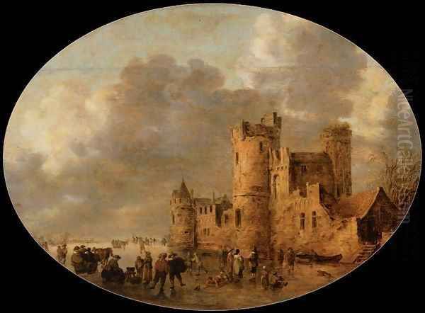 Skaters in front of a Medieval Castle Oil Painting by Jan van Goyen