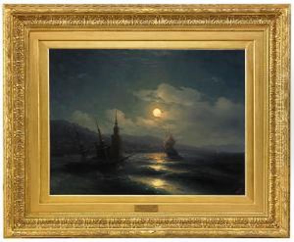 A Corner Of Constantinople From The Sea By Moonlight Oil Painting by Ivan Konstantinovich Aivazovsky