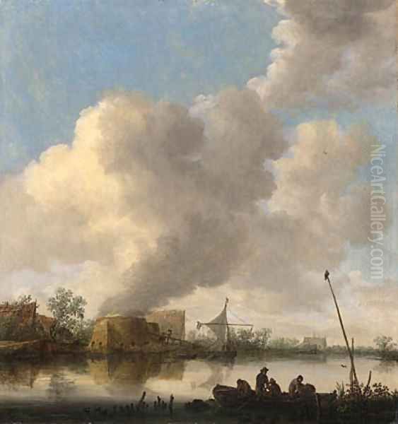 A river landscape with fishermen in a rowing boat, a lime kilm, farmhouses and a church beyond Oil Painting by Jan van Goyen