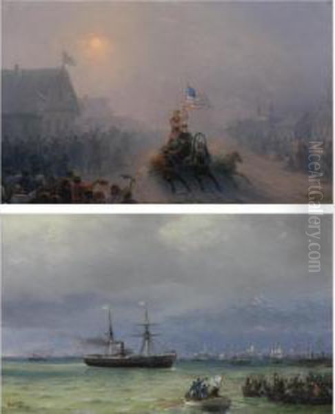 Distributing Supplies And The Relief Ship: A Pair Oil Painting by Ivan Konstantinovich Aivazovsky