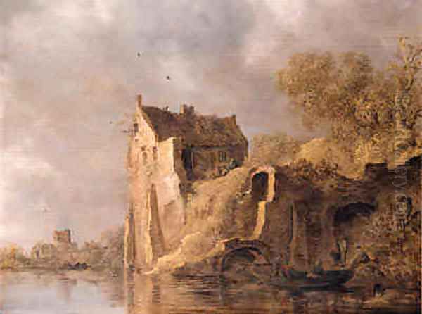 Fishermen in a rowingboat by a landing stage near a ruined castle on a cloudy day Oil Painting by Jan van Goyen