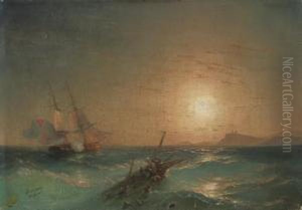 A Naval Engagement At Sunset Oil Painting by Ivan Konstantinovich Aivazovsky