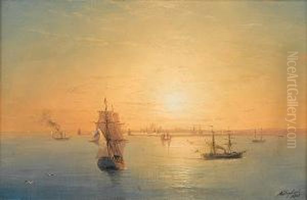 Russian Shipping At Sunset Oil Painting by Ivan Konstantinovich Aivazovsky