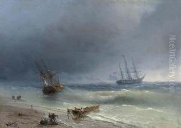 Two Sailing Ships And A Rowing Boat With Sailors At The Coast. 1872. Oil Painting by Ivan Konstantinovich Aivazovsky