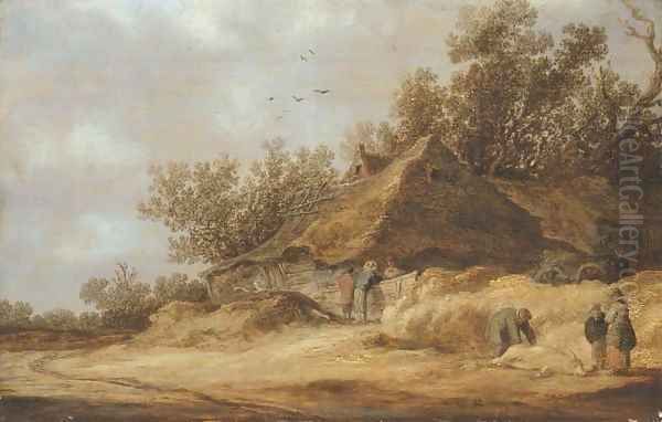 A dune landscape with peasants conversing by a farm and others standing by a dead boar on a sandy road Oil Painting by Jan van Goyen