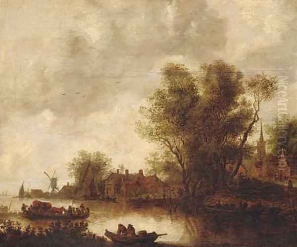 A river landscape with a ferry, a church beyond Oil Painting by Jan van Goyen