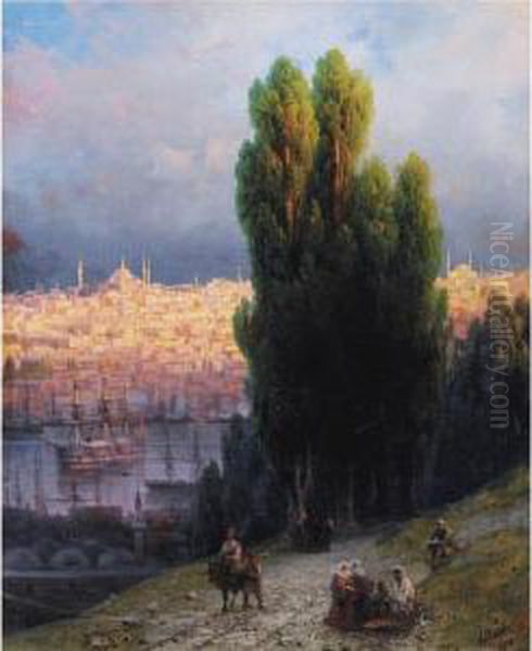 Constantinople, View Of The Golden Horn With A Self-portrait Of The Artist Sketching Oil Painting by Ivan Konstantinovich Aivazovsky