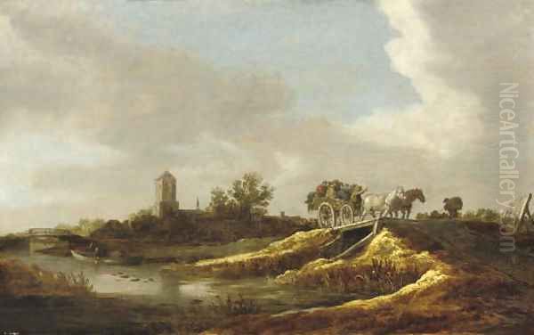 A river landscape with figures in a horse-drawn cart crossing a bridge, a village with a church beyond Oil Painting by Jan van Goyen