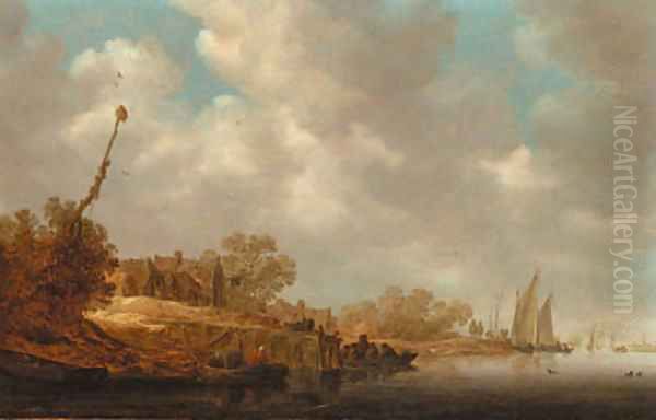 A river landscape with fishermen in boats and a ferry by a village jetty Oil Painting by Jan van Goyen