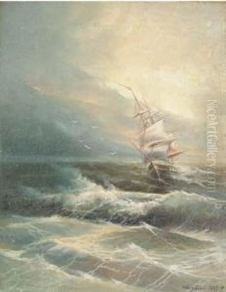 Ship In Stormy Seas Oil Painting by Ivan Konstantinovich Aivazovsky