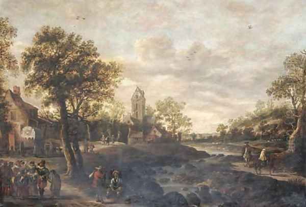 A river landscape with travellers approaching a village Oil Painting by Jan van Goyen