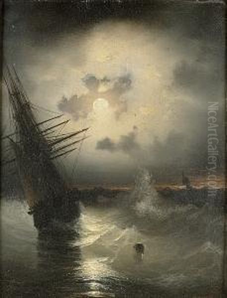 Ships At Sea By Moonlight Oil Painting by Ivan Konstantinovich Aivazovsky