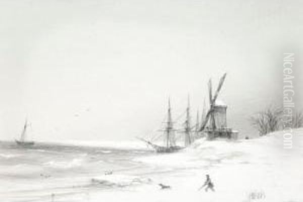 Coastal Scene With Windmill Oil Painting by Ivan Konstantinovich Aivazovsky