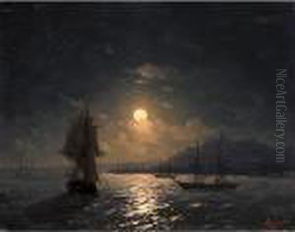 Shipping On A Moonlit Coast Oil Painting by Ivan Konstantinovich Aivazovsky