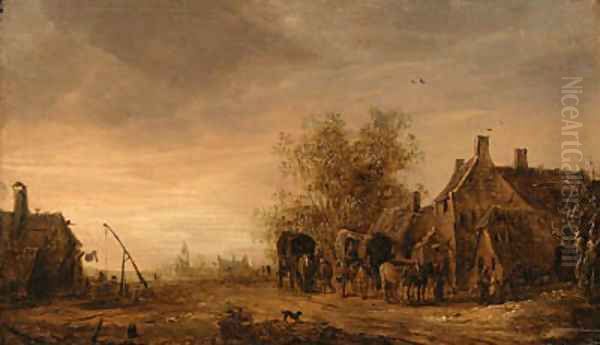 A view of the village of Renkum, with travellers in wagons resting on the roadside by an inn, the church beyond Oil Painting by Jan van Goyen