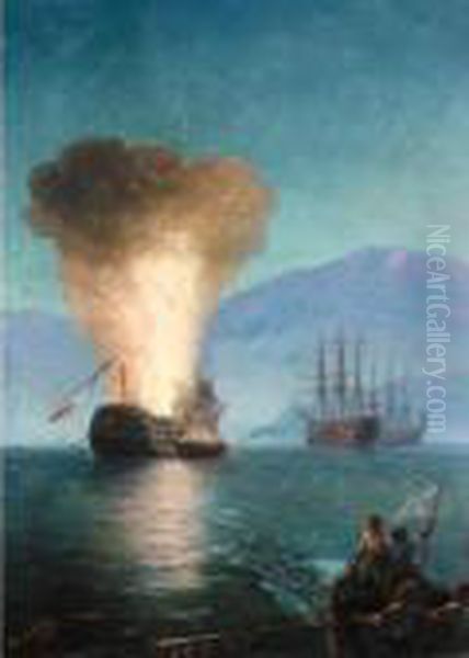 The Firing Of The Turkish Fleet By Kanaris In 1822 Oil Painting by Ivan Konstantinovich Aivazovsky