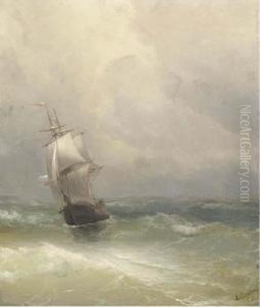 Ship In Rough Seas Oil Painting by Ivan Konstantinovich Aivazovsky