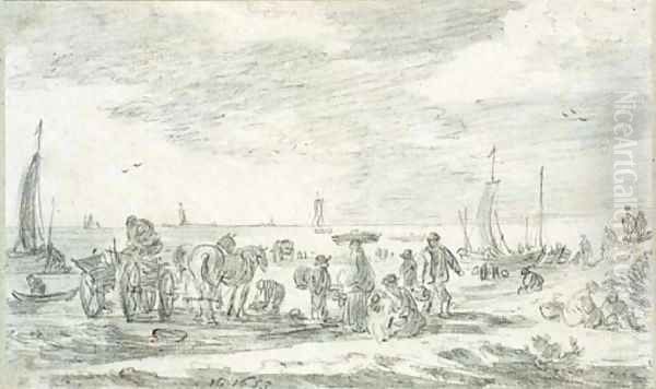 Fishermen on the beach at Scheveningen Oil Painting by Jan van Goyen