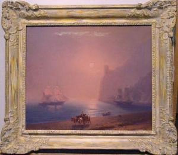 Oxen Cart By A Bay Oil Painting by Ivan Konstantinovich Aivazovsky