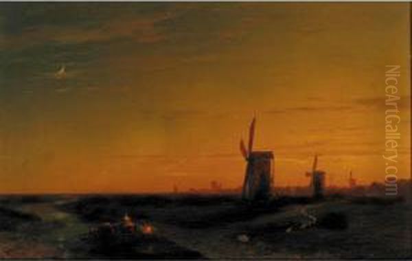 Landscape With Windmills Oil Painting by Ivan Konstantinovich Aivazovsky