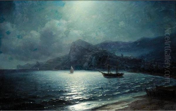 Shipping In A Bay By Moonlight Oil Painting by Ivan Konstantinovich Aivazovsky