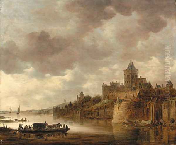 The Valkhof at Nijmegen with a coach and horses on a ferry on the River Waal Oil Painting by Jan van Goyen