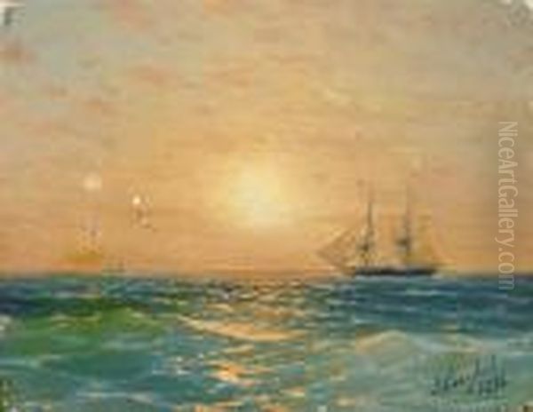 Shipping Under A Setting Sun Oil Painting by Ivan Konstantinovich Aivazovsky